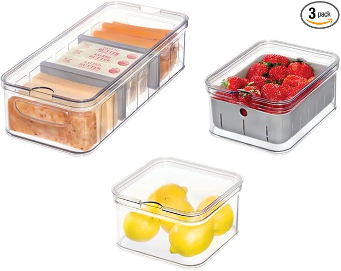iDesign Crisp 3-Piece Recycled Plastic Refrigerator Organizer Bin Set with Lids, Clear/Gray by iDesign