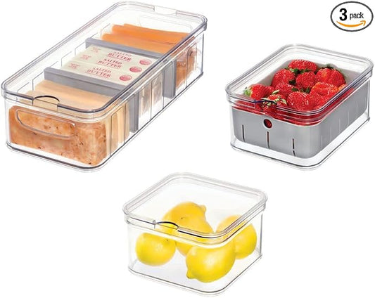 iDesign Crisp 3-Piece Recycled Plastic Refrigerator Organizer Bin Set with Lids, Clear/Gray by iDesign