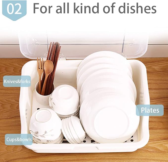 Tomorotec Medium Size Dish Drying Rack & Drain Board with Lid Cover, White | Kitchen Counter Drainer with Dust-Proof Clear Cover, Detachable Design with Utensil Holder, Plate Cup Tray Cutlery Drainer - Image 3