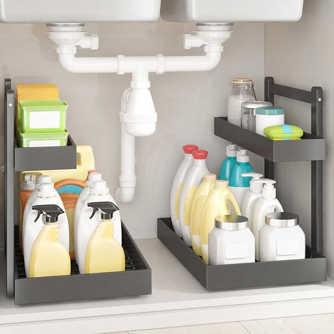Bamboo Under Sink Organizer 2 Pack, 2-Tier Pull Out Cabinet Organizer | Kitchen Sink Organizer | Bathroom Cabinet Organizer | Cleaning Supply Storage | L-Shape | 3-Level Adjustable | Natural Bamboo by WisuceHome