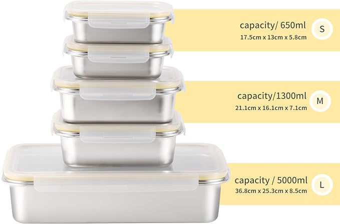 18/8 Stainless Steel Food Storage Containers, Meal Preparation Container Set, Baking Pan, Leak Proof Stackable Light and Easy Storage, Metal Set of 5 (2PC 21oz/2PC 43oz/1PC 169oz) - Image 7