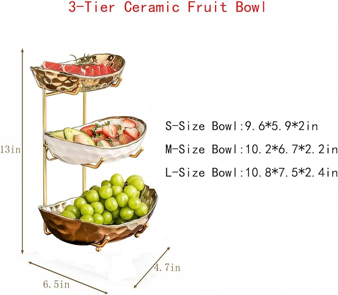 3-Tier Fruit Bowls for Kitchen Counter,Ceramic Bowl with Gold Metal Stand,3 Tier Fruit Basket for Fruit,Snack,Cake,Nuts,Dessert Storage - Image 2