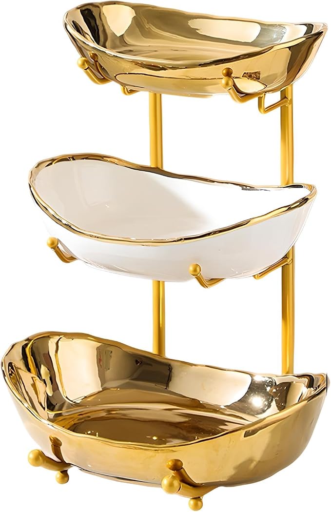 XUDREZ 3 Tier Fruit Bowl for Kitchen Counter with Metal Stand, Ceramic White Gold, Tiered Fruit Basket for Nuts, Snacks, Bread, Candy Storage (Gold) by XUDREZ