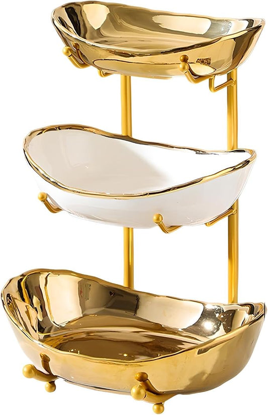 XUDREZ 3 Tier Fruit Bowl for Kitchen Counter with Metal Stand, Ceramic White Gold, Tiered Fruit Basket for Nuts, Snacks, Bread, Candy Storage (Gold) by XUDREZ