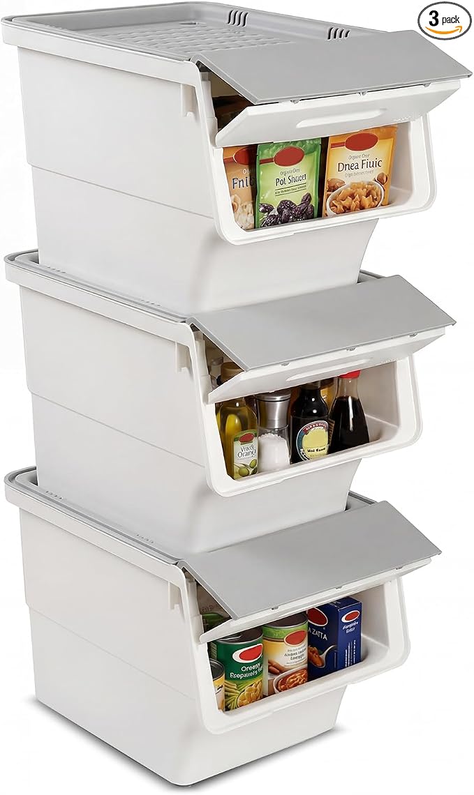 GIANTEX 3 Pack Plastic Stackable Storage Bins with Lids & Wheels, 35 QT | Open Front Stacking Bins, Organizer Bins for Pantry, Kitchen, Laundry, Closet, Playroom, Bedroom Organization by Giantex