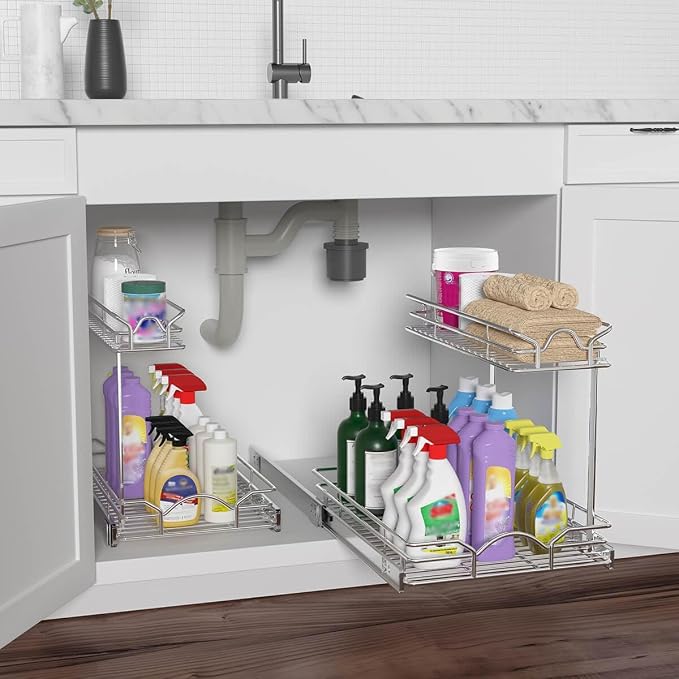 OCG Under Sink Cabinet Organizer Two Tier Pull Out Shelf (11.75W x 17D), Under Sink Sliding Shelf for Kitchen Bathroom Cabinet 2 Tier Chrome - Image 7