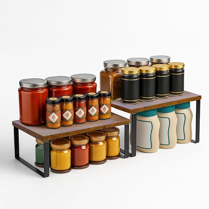 Sben Cabinet Organizer Shelf, Set of 2 Kitchen Counter Shelves, Kitchen Storage, Spice Rack, Stackable, Expandable, Metal and Engineered Wood, Ink Black and Rustic Brown - Image 6