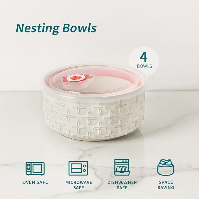 vicrays Ceramic Nesting Bowls with Lids, Set of 4, Embossed Serving Bowls for Food Storage, Popcorn, Salad etc, Microwave & Dishwasher Safe, 10oz to 53oz - Image 4