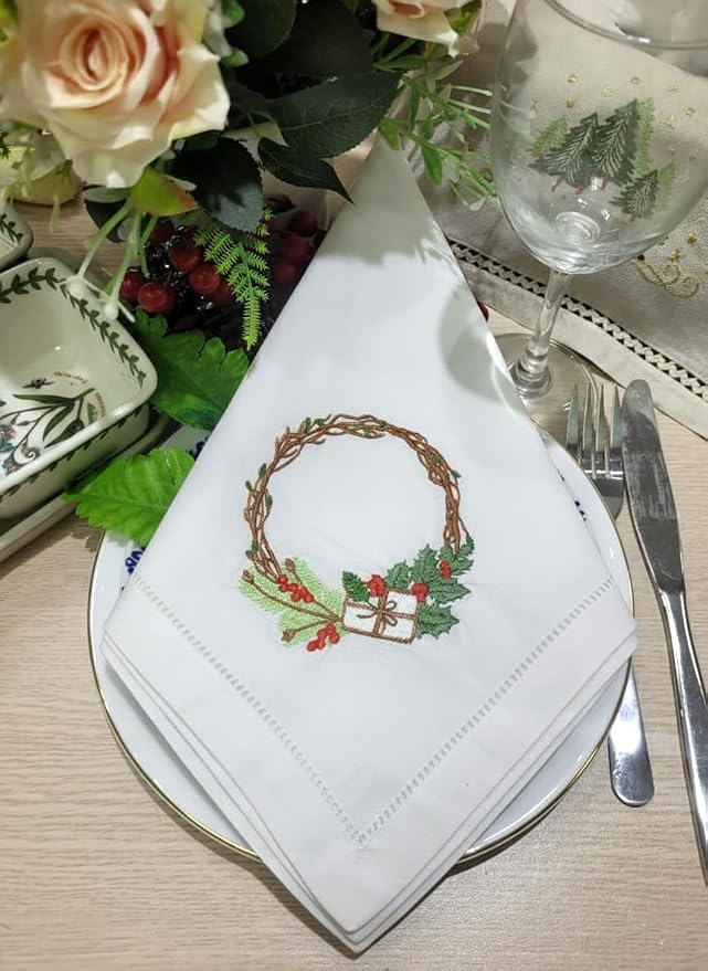 – Embroidered Cloth Napkin Holly Christmas Wreath & Gift Box Cotton Napkins Set of 6, 20 x 20”, Hemstitch Table Napkins, Machine Washable, Daily & Holidays, Great Gift Ideas - Image 5