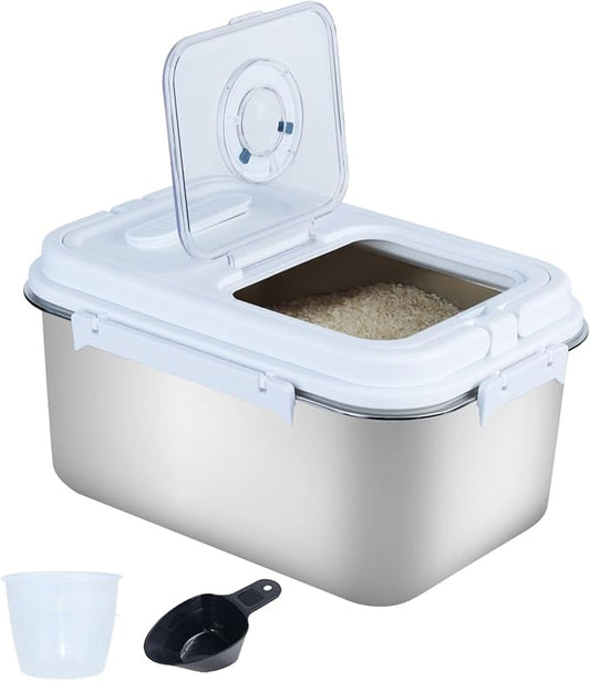 20Lbs Airtight Rice Container with Flip Lid, Stainless Steel Food Storage Container with Date Tracker, Measuring Cup and Spoon, 10L Portable Kitchen Pantry Bin for Flour Grain Sugar - Silver by Mairuker