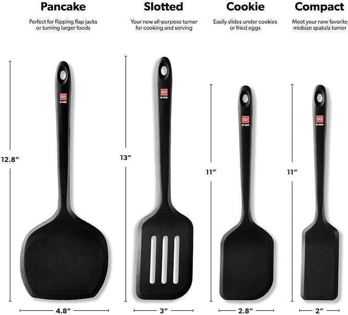 DI ORO Silicone Turner Spatula Set - Kitchen Spatulas for Nonstick Cookware - Cooking Utensils for Flipping Eggs & Pancakes - 600°F Heat-Resistant BPA Free Turners - Dishwasher Safe (4pc, Black) - Image 6