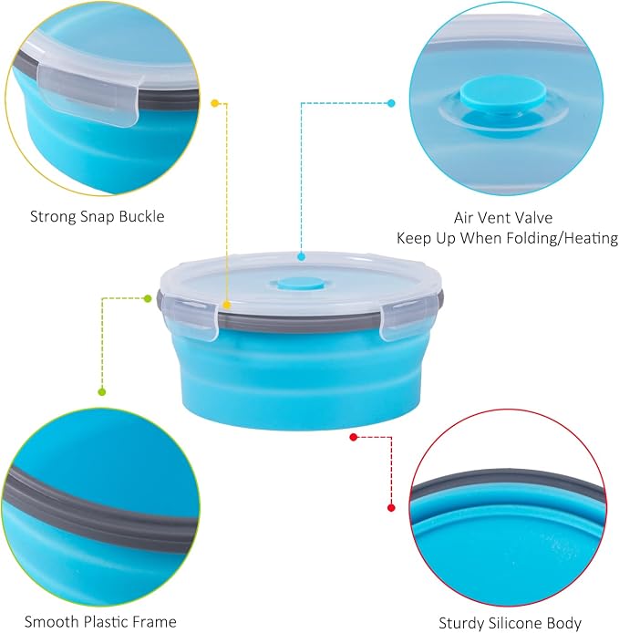 Collapsible Food Storage Containers with Airtight Lid, 27 oz, Kitchen Stacking Silicone Collapsible Meal Prep Container Set for Leftover, Microwave Freezer Dishwasher Safe, 4 Colors Round, Set of 4 - Image 4
