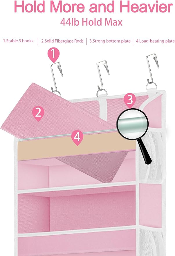 TAHAVICE Over the Door Organizer with Clear PVC Windows & 10 Mesh Pockets | 5-Tier Hanging Storage, Cute Closet Organizer for Makeup, Perfume, Toys, Perfect Pink Room Decor for Girl - Image 3