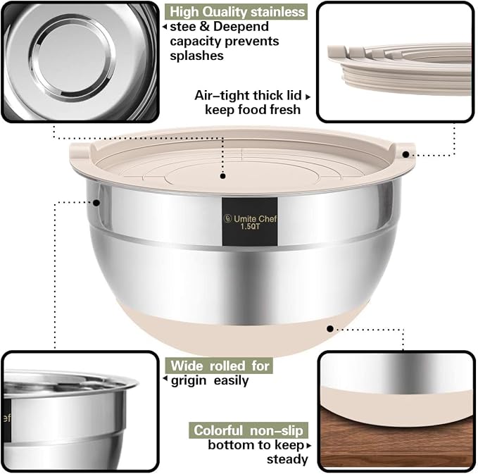 Umite Chef Mixing Bowls with Airtight Lids, 6 piece Stainless Steel Metal Nesting Storage Bowls, Non-Slip Bottoms Size 7, 3.5, 2.5, 2.0,1.5, 1QT, Great for Mixing & Serving (Khaki) - Image 5