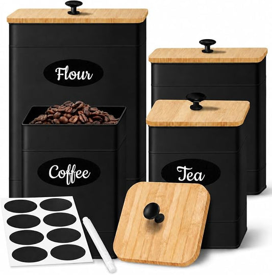 Kitchen Canisters Sets of 4 - Metal Flour Sugar Storage Containers Set for Countertop with Airtight Lids, Coffee Tea Black Canister Set with Customizable Chalkboard Labels & Marker Pen by CISTOREBOHE