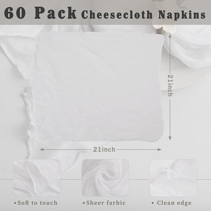 60 Pack White Cheesecloth Napkins Washable 21x21 Inches White Cloth Napkins Set of 60 Dinner Table Napkins for Wedding Cotton Gauze Bridal Baby Shower Rustic Boho Summer Party Table Decor - Image 3