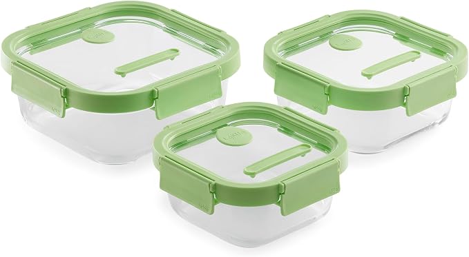 Lékué x3 Square Glass Food Containers with Airtight Lids & Steam Valves - 3pc Set - Borosilicate Glass & 100% Platinum Silicone Dishes for Storage & Cooking - Microwave, Freezer & Dishwasher Safe by Lekue