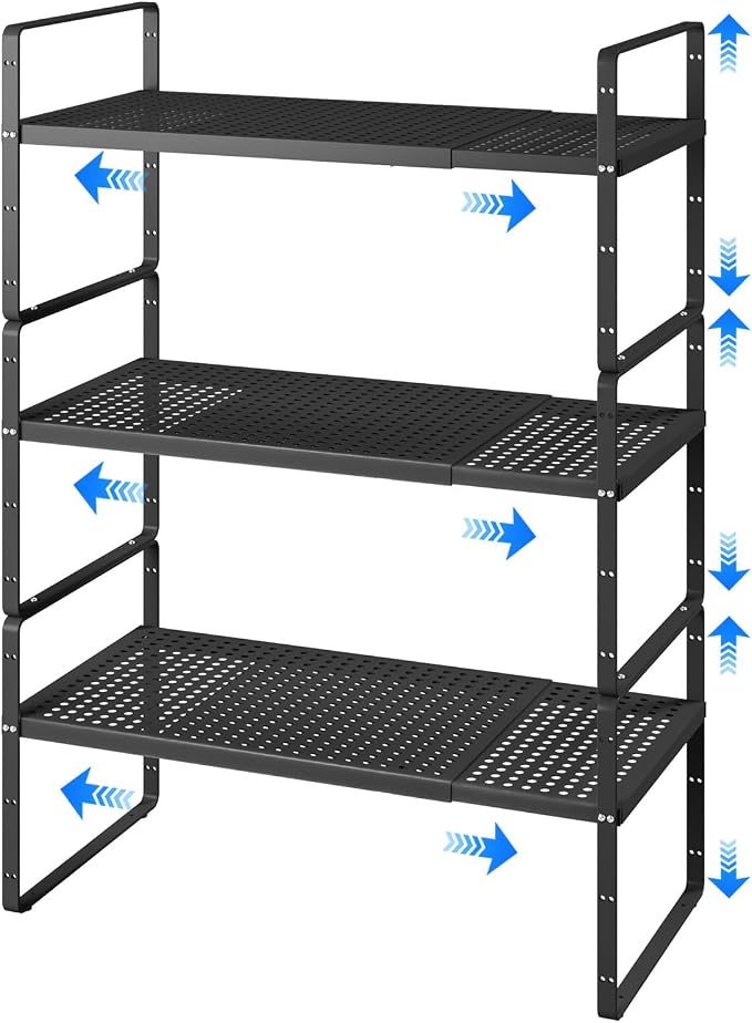 Expandable Kitchen Shelf Organizers, Kitchen Cabinet Organizer Stand Rack Organization for Countertop Cupborad Pantry, Black 3 Pack by KIKIBRO