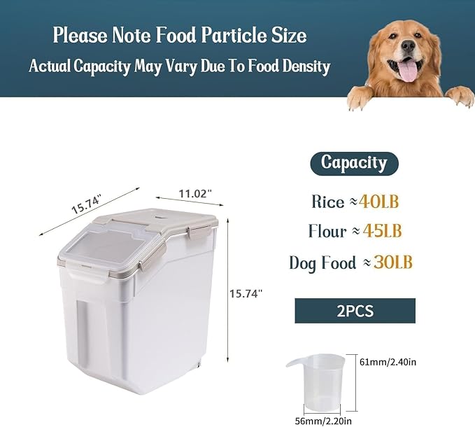 AnRui Rice Storage Container 50LB, Airtight Flour Storage Containers, Plastic Cereal Grain Dispenser Organizer Pet Food Storage Bin with Lid, Measuring Cup, Scoop, Gray, 2Pcs(Total Capacity:100LBS) - Image 2