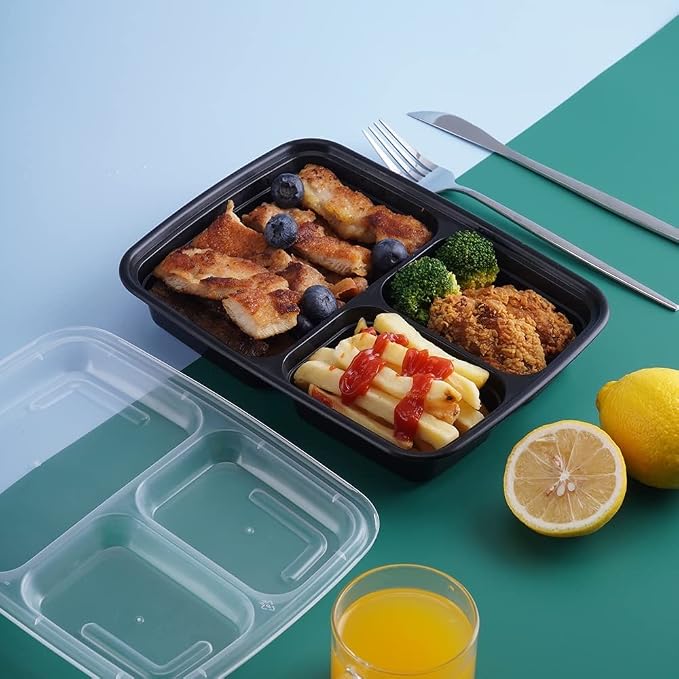 [150Pack] 32oz Meal Prep Containers, Black Plastic Container, 3 Compartment Lunch Box, Bento Box, To go Food packaging, Reuseable - Image 4