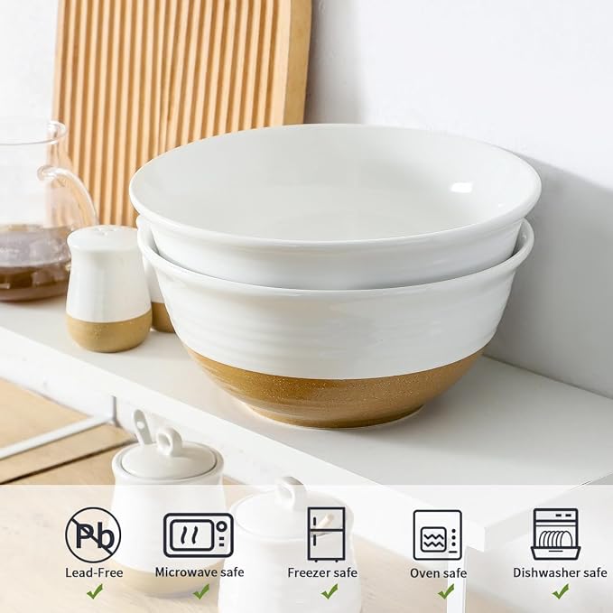 HASENSE Large Ceramic Serving Bowls Set of 2, 84 Oz 9 Inch White & Terracotta Stoneware Mixing Bowls, Farmhouse Bowls for Salad, Baking, Popcorn & Side Dishes, Dishwasher & Microwave Safe - Image 4