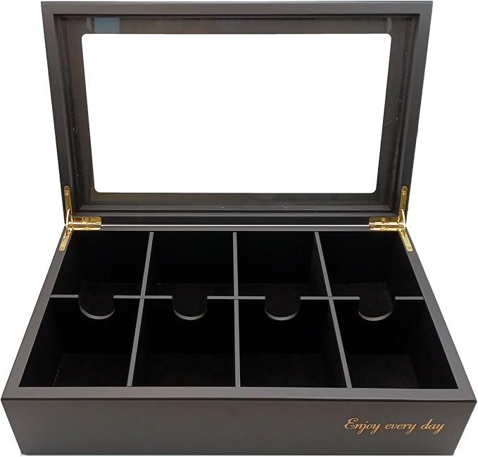 BJOYFUL&LOVED Wooden Tea Box with Glass Lid, 8-Compartment, Black Color | Removable Dividers Customize Storage for Tea Bags, Sugar Packets, Coffee Capsules, Jewelry, Watches and Small Accessories by BJOYFULLOVEDBJL