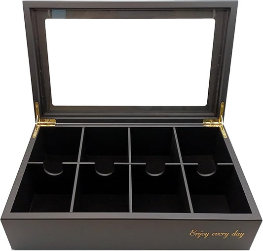 BJOYFUL&LOVED Wooden Tea Box with Glass Lid, 8-Compartment, Black Color | Removable Dividers Customize Storage for Tea Bags, Sugar Packets, Coffee Capsules, Jewelry, Watches and Small Accessories by BJOYFULLOVEDBJL