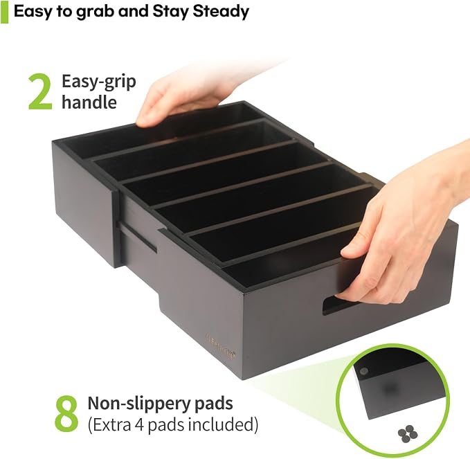 CLEANCLUE Expandable Kitchen Cabinet Organizer for Food Storage Container Lids, Bamboo Drawer Caddy Adjustable Dividers, Box for Kitchen Storage and Organization, Lids Organizer for Cabinet (Black) - Image 4