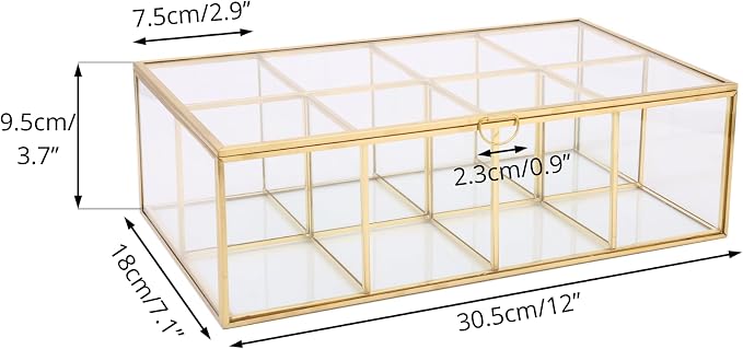 NCYP Glass Tea Bags Organizer with Lid, 8 Compartments Teabag Container, Indoor Counter Top Brass Display Case, 12" x 7.1" x 3.7" Teabag Storage Box, Gold Decor (Glass Box Only) - Image 5