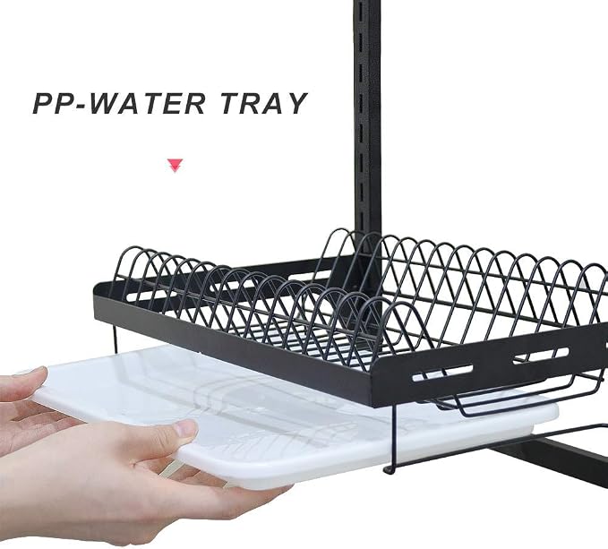 junyuan Kitchen Dish Rack,Hanging Dish Drying Rack Organizer Storage Shelf Over Sink,2 Tier Wall Mount Bowl Holder with Drain Tray and Silverware Stainless Steel Black Coating Ajustable Height - Image 5