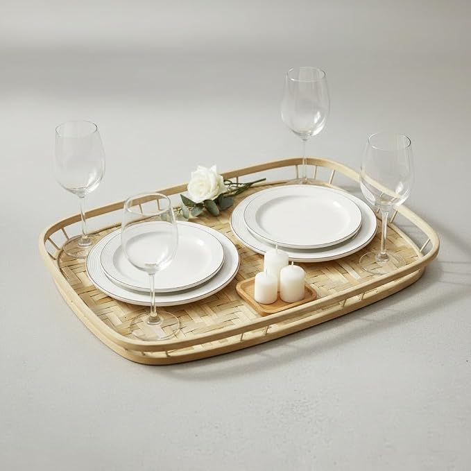 PEMAR Extra Large Bamboo Serving Trays with Handles, Set of 2 Measuring 19.3" x 13.8" Large Woven Dinner Tray, Rustic Wicker Rattan Tray Style for Eating, Bed Breakfast, Couch TV Lap Tray - Image 13