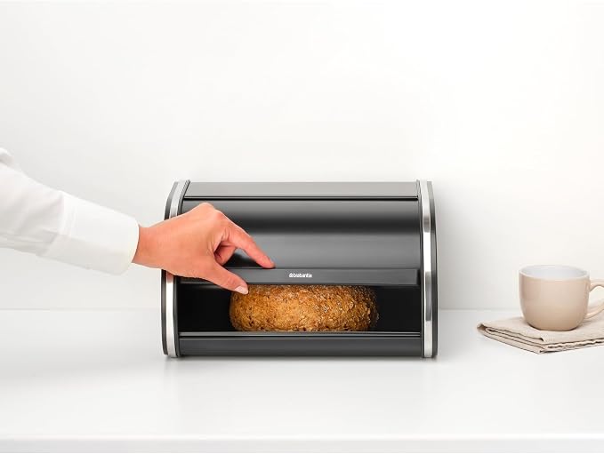 Brabantia Roll Top Bread Box | Medium | Matt Black | Large Metal Front Opening Bread Store for Kitchen Countertop | Partly Flat Top for Extra Storage, Magnet Closing Lid | Fits 1 Loaf - Image 5