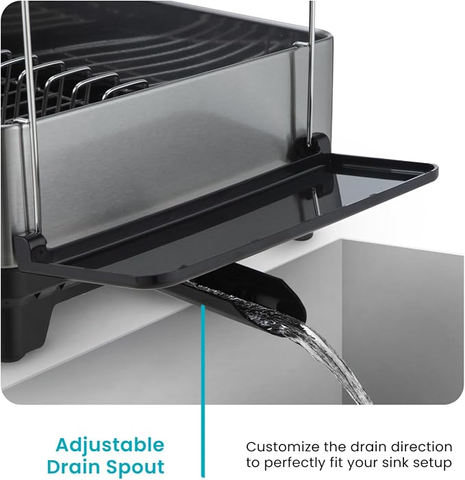 Home Zone Living Dish Drying Rack for Kitchen Counter with 2-Tiers | Stainless Steel with Drip Tray, Extendable Water Drainage Pipe, and Holders for Utensils, Wine Glasses and Cutting Board - Image 3