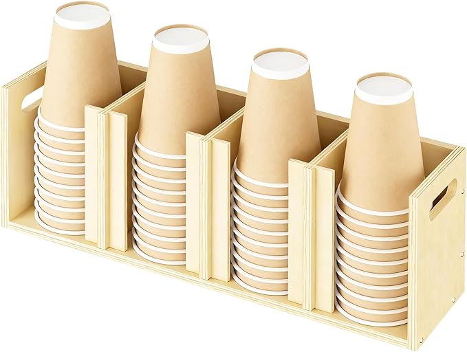 Wood Cup Lid Organizer 4 Compartments with Adjustable Dividers for Counter Wall Mount Disposable Cup and Lid Storage Kitchen Restaurants Fast Food Coffee Shop Supplies (20”W x 7”H x 4.7”D) by Sawjut