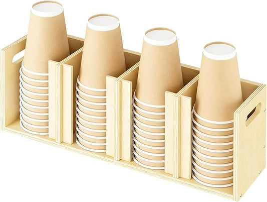 Wood Cup Lid Organizer 4 Compartments with Adjustable Dividers for Counter Wall Mount Disposable Cup and Lid Storage Kitchen Restaurants Fast Food Coffee Shop Supplies (20”W x 7”H x 4.7”D) by Sawjut