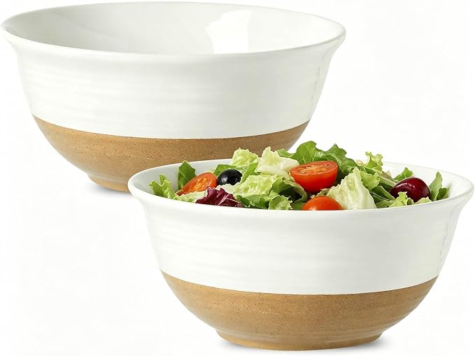 HASENSE Large Ceramic Serving Bowls Set of 2, 84 Oz 9 Inch White & Terracotta Stoneware Mixing Bowls, Farmhouse Bowls for Salad, Baking, Popcorn & Side Dishes, Dishwasher & Microwave Safe by Hasense