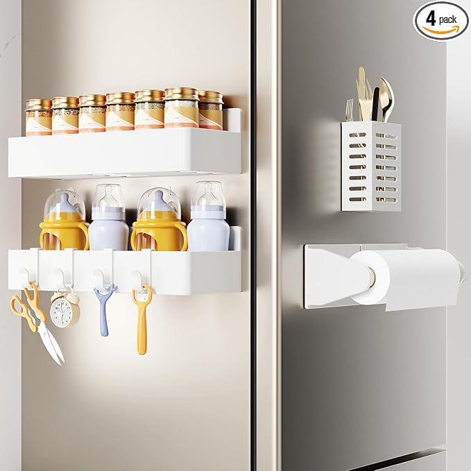 Mystozer Magnetic Spice Rack for Refrigerator,2 Pack Magnetic Shelf and 1Pack Paper Towel Holder and 1 Pack Utensils Rack,Fridge Organizers and Storage White(4 Pack) by Mystozer