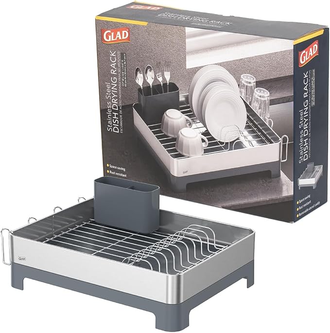 Glad Stainless Steel Dish Drying Rack - Large Space Saving Dish Drainer with Removable Cutlery Holder - Rust-Resistant Metal Rack with Adjustable Drain Spout for Kitchen Countertops, (12.6”W x 17.7”L) - Image 6