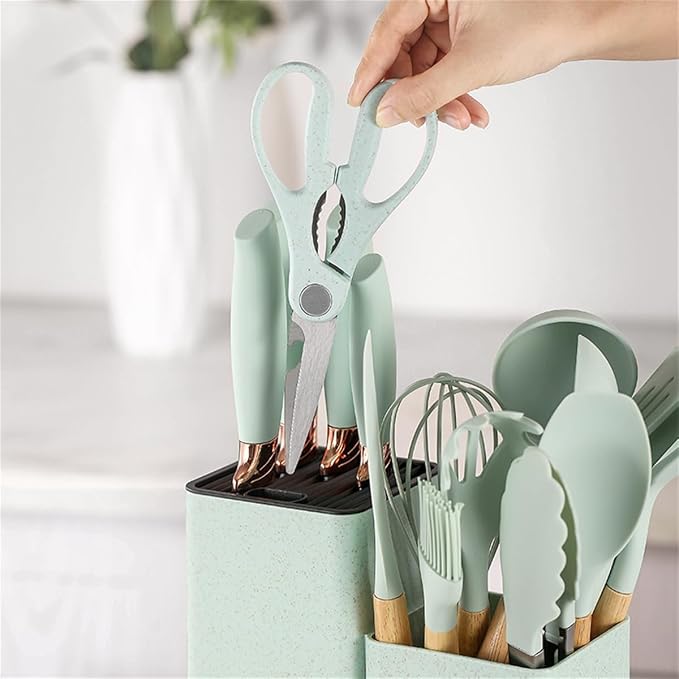 19 Pcs Kitchen Cooking Utensils and Knife Set with Block, Include 11 Pcs Silicone Cooking Utensils Set 5 Pieces Sharp Stainless Steel Chef Knives Scissors Whisk Tongs and Cutting Board (Light Green) - Image 3