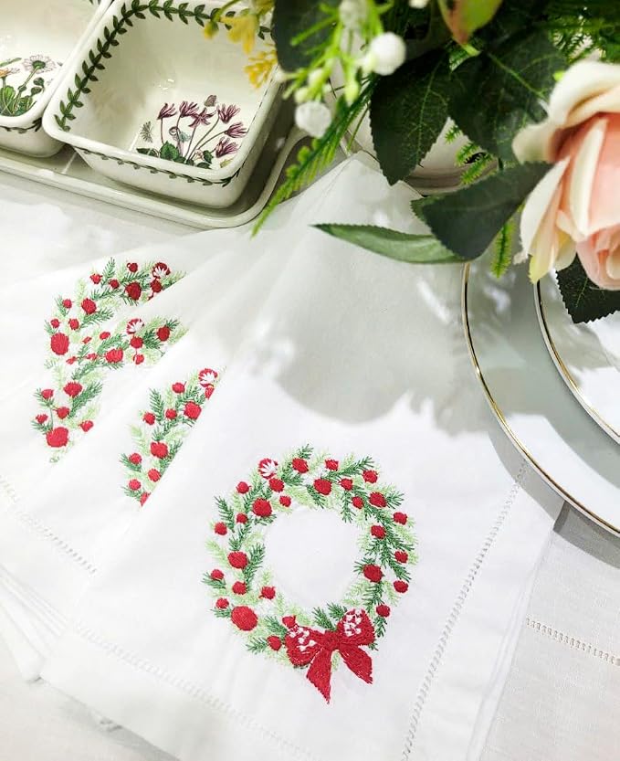 Embroidered Cotton Napkins Christmas 20x20 (Wreath Red Berries Christmas) - Image 3