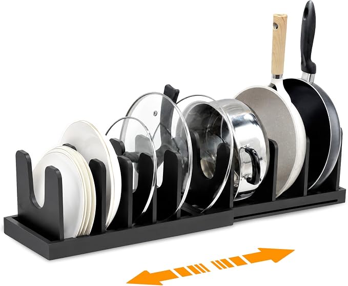 MinBoo Bamboo Expandable Pot Lid Organizer, Pot and Pan Organizer Drawer Organizer for Pot Lids, Adjustable 10 U-Shaped Dividers for Kitchen Cabinet Organizers and Storage,Black by MinBoo