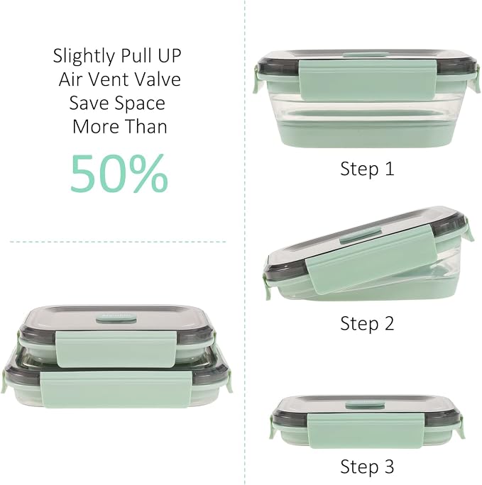 Collapsible Food Storage Containers with Lid & Air Vent, Clear Stacking Silicone Collapsible Food Container Set, Microwave Freezer Dishwasher Safe Space-Saver, Set of 4, Mint Green - Image 3