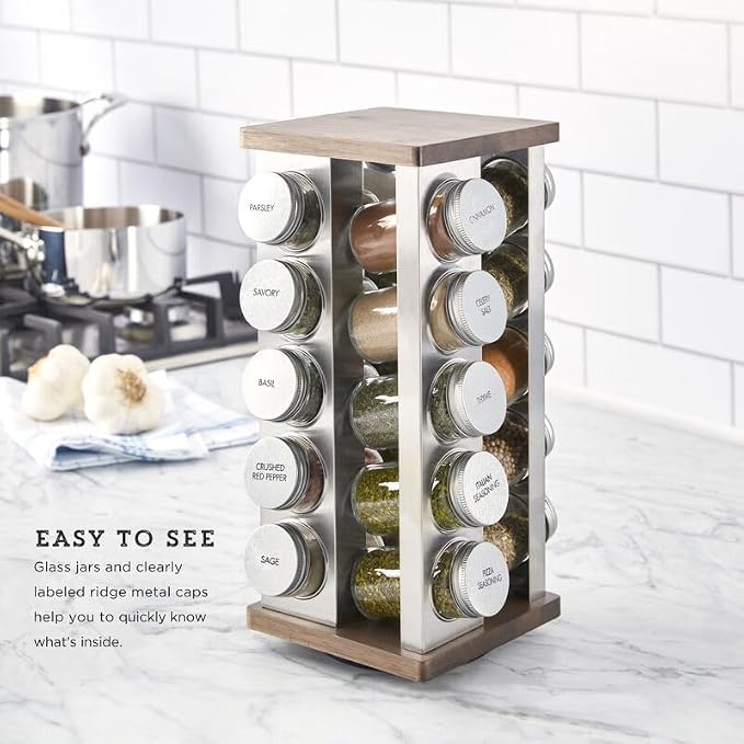 Kamenstein 20 Jar Vintage Revolving Countertop Spice Rack Organizer with Spices Included, FREE Spice Refills for 5 Years, Wood and Stainless Steel with Metal Caps - Image 5