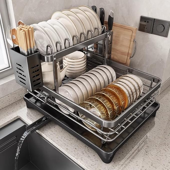 2-Tier 304 Stainless Steel Dish Drying Rack for Kitchen Counter, Gray | Dish rack separates plates, bowls, cups and utensils, while side drainage directs water toward the sink. - Image 2