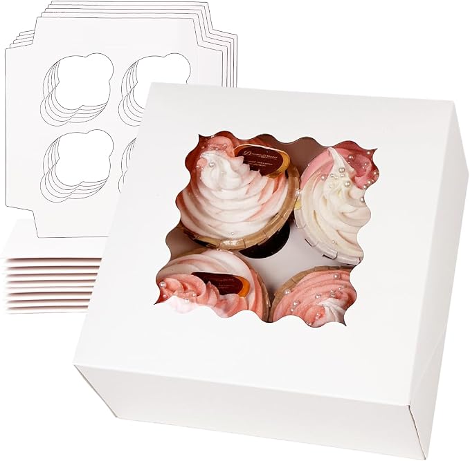 qiqee Auto-pop Up Cupcake Boxes with Window White 100PCS 4 Count Cupcake Box 6.3"x6.3"x3" Cupcakes Carrier, 4 Cupcake Containers - Image 2