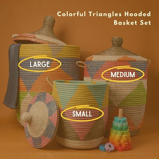 Woven Baskets for Storage, Colorful Triangles, Set of 3, 18" Wide Tall - Image 2