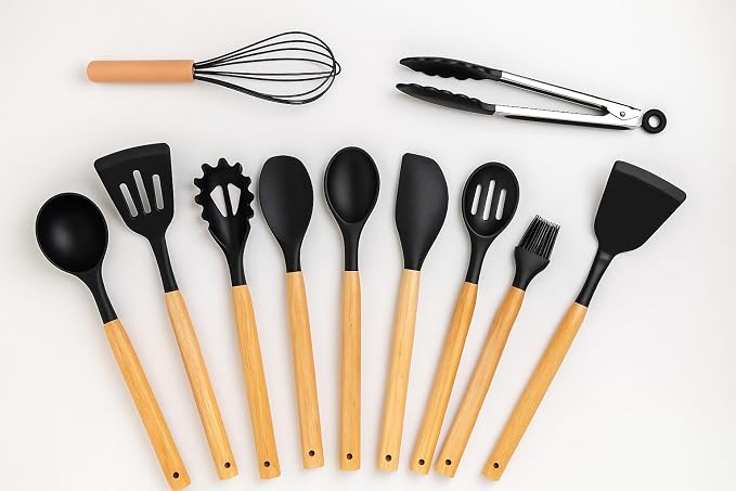 Silicone Kitchen Spatula and Utensils Spoon Set Cooking + Baking Set- 12 Pcs Non-Stick with Wooden Handle-BPA Free,Heat Resistant Item,Flexible Non Toxic Silicon Cookware Tools (Black) - Image 2