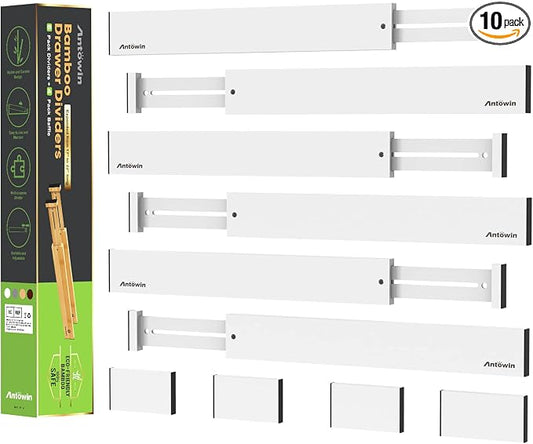 Expandable Bamboo Drawer Dividers, Drawer Separators,17-22 inches Adjustable Spring-loaded Organizer for Large Utensil, Clothes, Tools Drawers, 6Pack (White) by ANTOWIN