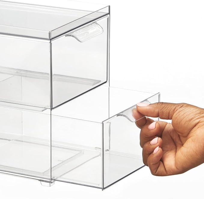mDesign Stackable Storage Containers Box with 2 Pull-Out Drawers - Stacking Plastic Drawer Bins for Master or Guest Bathroom, Linen Closet, Vanity, or Makeup Table - Lumiere Collection -Clear - Image 5