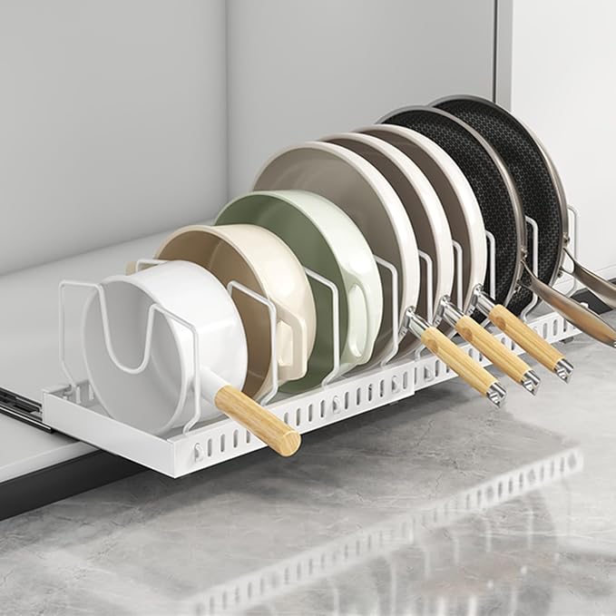 pots and pans organizer under cabinet,pot lid organizers inside cabinet holders for kitchen,Horizontal and vertical pulling modes,Can be extended and adjusted (White horizontal pull-out) by Unknown